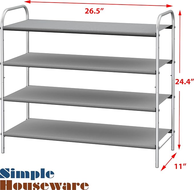 Simple Houseware 4-Tier Shoe Rack Storage Organizer, 12-20 Pair, Grey | Space-Saving Shoe Shelf with Sturdy Metal Frame and Non-Woven Fabric Shelves for Entryway, Garage & Corridor
