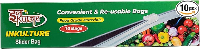 INKulture Premium quality Plastic Food Storage Re-Usable Bag Safe for Freezer & Microwave 10 Pcs (Clear) Size Extra Large(10" X 12")