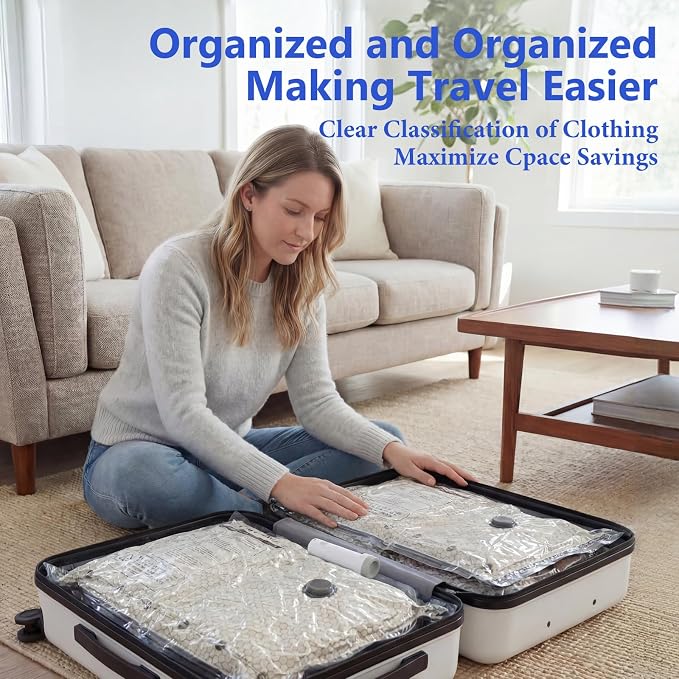 Vacuum Seal Bags for Clothing Travel with Rechargeable Air Pump, Carry-on Size Vacuum Bags for Travel, Space Saver for Clothes 12 Combo Size