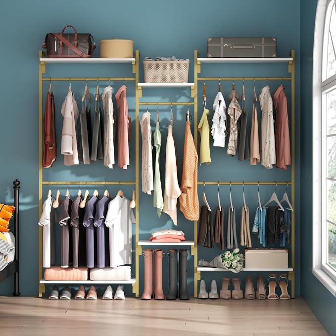 White/Gold Wall Mount Clothes Rack with 5 Hanging Rods, Clothing Rack with 6-Tier Storage Shelves, Closet Storage Organizer System Kit, Heavy Duty Garment Rack with Metal Frames (80.71" L*78.74" H)