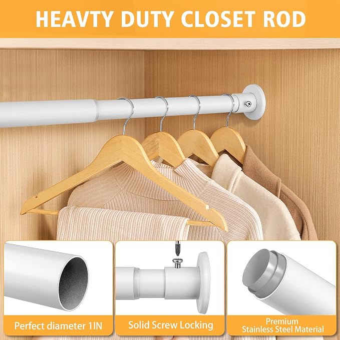 Closet Rods For Hanging Clothes, 17-52 Inch Adjustable Closet Rod, Stainless Steel Heavy Duty Closet Hanging Rod-White