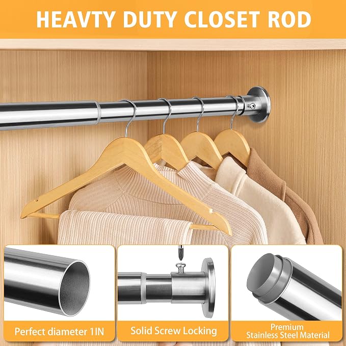 Closet Rods For Hanging Clothes, 17-76 Inch Adjustable Closet Rod, Stainless Steel Heavy Duty Closet Hanging Rod-Silver