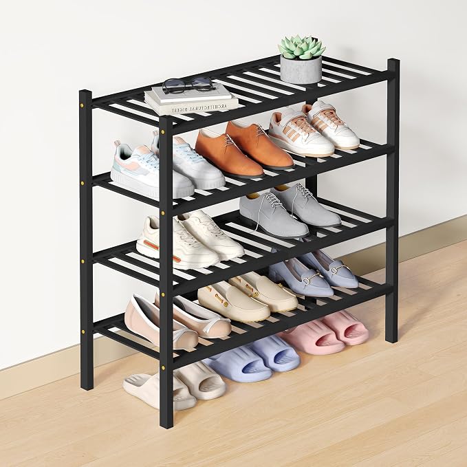 Smiry Bamboo Shoe Rack for Closet, 4 Tier Wooden Shoe Organizer, Stackable Wood Shoe Storage Shelf for Entryway, 14 Vertical Slats, 2+2 Stack Heavy-Duty Legs, 26.77"x11.02"x25.98", Black