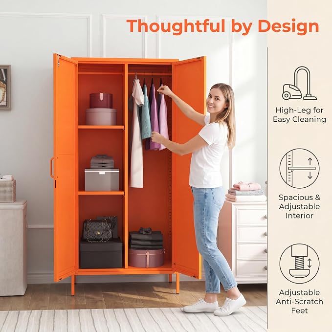 Metal Wardrobe with Lock 67"Clothing Steel Storage Cabinet Locker Hanging Rod And Adjustable Shelves 2 Doors Household kids wardrobe closet Lockers For Bedroom Home Orange Size:67"H X 31.5"W X 18.1"D