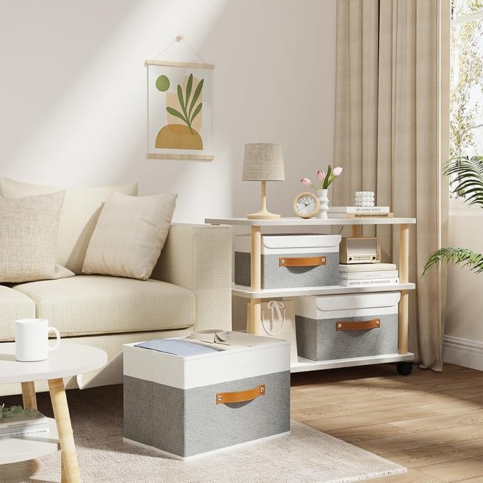 OUTBROS Large Collapsible Storage Box with Lid, Linen Fabric Wardrobe Organiser, Containers For Towels, Clothes, 15 x 9.8 x 9.8 inch (White/Grey, 5-Pack)