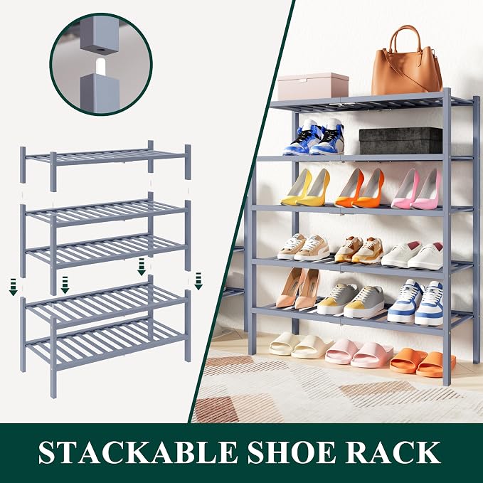 Smiry Small Bamboo Shoe Rack, 4 Tier Free Standing Wooden Shoe Organizer, Stackable Wood Shoe Storage Shelf for Closet, Entryway, 14 Vertical Slats, 2+2 Stack Heavy-Duty Legs, 17.3"x11"x26", Grey