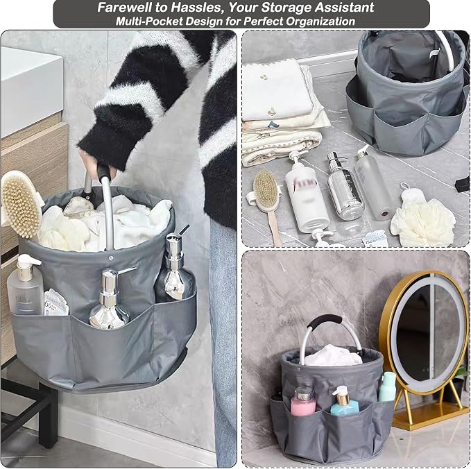 17L Foldable Cleaning Caddy with Handle, Cleaning Supplies Organizer Storage Basket with 6 Side Pockets, Portable Multi Cleaning Bucket Bag for Home Garden Bathroom Camping (Dark Grey)