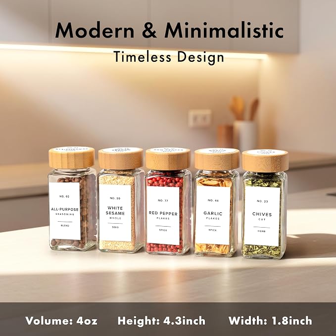 EDELHAUS Glass Spice Jars with Label, 36x Bamboo Wooden Lids - White Labels | Airtight Lids keep spices fresh, Kitchen Spice Drawer Organizer, 4oz Seasoning Containers incl. Funnel, Brush & 240 Labels