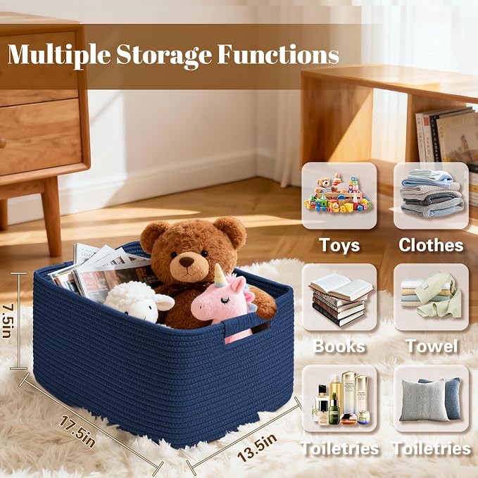 4 Pack Large Storage Basket for Organizing, 17.5"x13"x7" Woven Basket for Shelves, Closet Cube Storage Bins with Wrapped Handle, Cotton Rope Baskets for Kitchen, Clothes, Toys(Navy Blue)