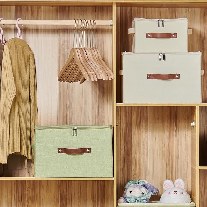 Storage Bins with Zipper Lid Cotton Linen Fabric Lidded Storage Baskets Boxes Foldable Washable Closet Shelf Clothes Organizer Container with PU Leather Handles (Green, Large Size)