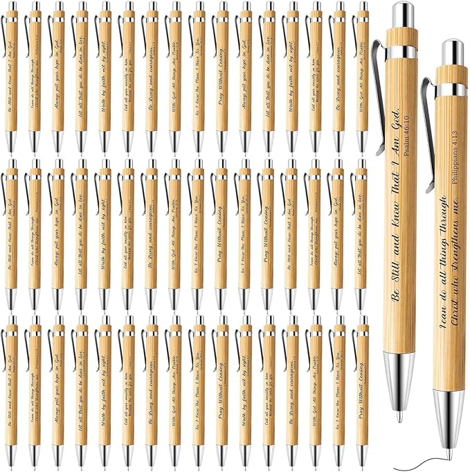 50 Pcs Bible Verse Pens Christian Gifts Bulk Bamboo Christian Pen 1 mm Inspirational Bible Scripture Pens for Women Men Office Back to School Religious Gifts (Classic, 50)