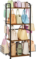koozuuyk 4-Tier Purse Organizer for Closet with 3 Side Hooks and 2 Baskets, High Capacity Purse Rack Stand for Purse Storage, Metal & Wood Handbag Holder for Handbag Organizer, Patent Pending