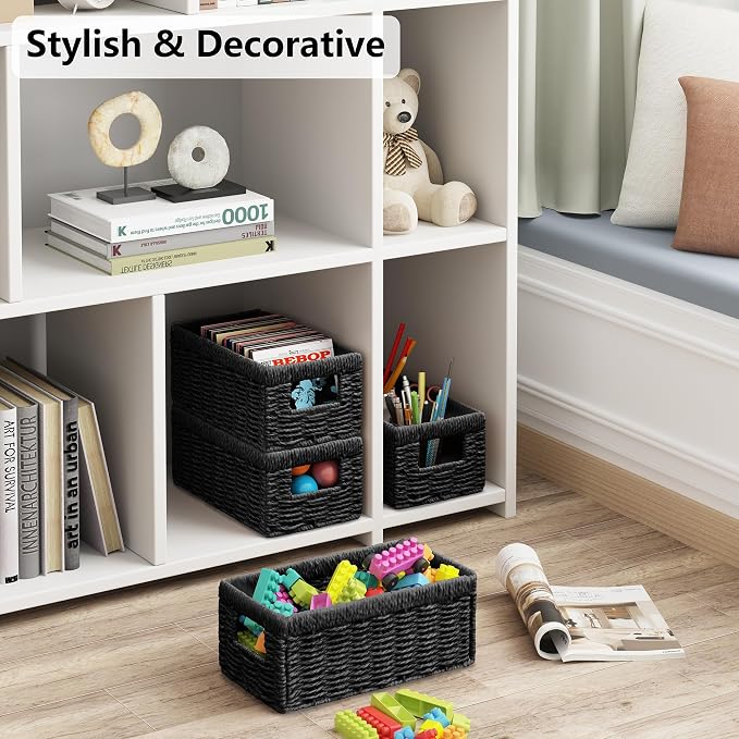 Vagusicc Wicker Storage Basket, Set of 2 Hand Woven Wicker Baskets for Organizing with Handles, Decorative Small Storage Bins for Countertop Toilet Paper Basket for Toilet Tank Top, Shelves, Black