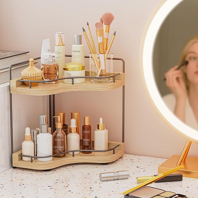 2-Tier Corner Bathroom Counter Organizer for Storage, Light Brown | Larger Size, Solid Wood, Embedded Screw Holes, sink and Vanity Countertop Organizer for Perfume, Skincare & Makeup Storage