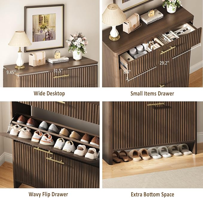 Fluted Shoe Storage Cabinet for Entryway, Narrow Wooden Shoe Cabinet with 2 Flip Drawers & Pull-Out Drawer, Modern Freestanding Slim Shoe Organizer Rack for Foyer/Hallway/Living Room, Walnut