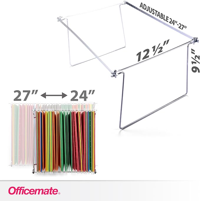 Officemate Hanging File Frame, Letter Size (Fits 24″–27″), Adjustable Heavy-Duty Steel File Drawer Organizer for Desks, Cabinets & Shelves, Set of 2 (91999)