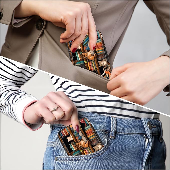 Card Holder Credit Cards Holder for Women RFID wallet women Business Card Holder Wallet Mini Aluminum Card Wallet RFID Blocking Slim Metal Hard Card for Women, Cat Illustration