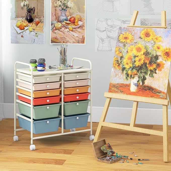 Moccha 12-Drawer Rolling Storage Cart - Utility Cart on Wheels with Lockable Casters for Craft Art Supply Paper Salon, Mobile Drawer Carts for Classroom Teacher School Office, Macaron