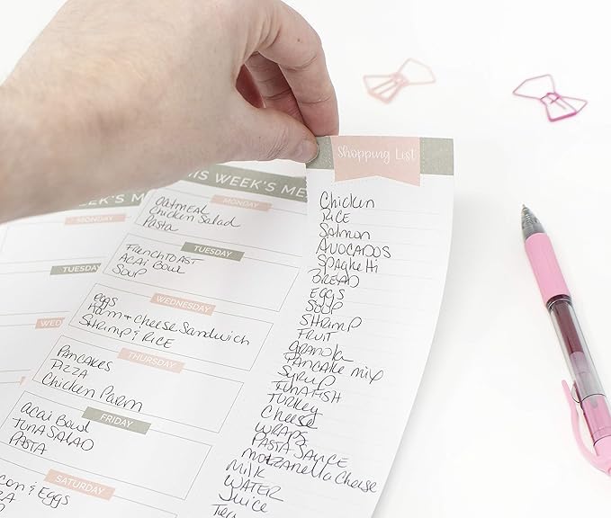 bloom daily planners Weekly Meal Planning Pad - Magnetic Hanging Refrigerator Menu Planner with Tear-Off Sheets & Perforated Grocery Shopping Lists - 6” x 9” (Grey & Pink)