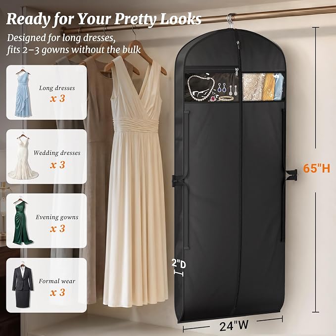 MISSLO 65" Garment Bags for Travel for Women with Loackabe-Self Zipper Waterproof Dress Bags for Gowns Long with Accessories Pockets Wedding Dress Bag Garment Covers for Hanging Clothes, Black
