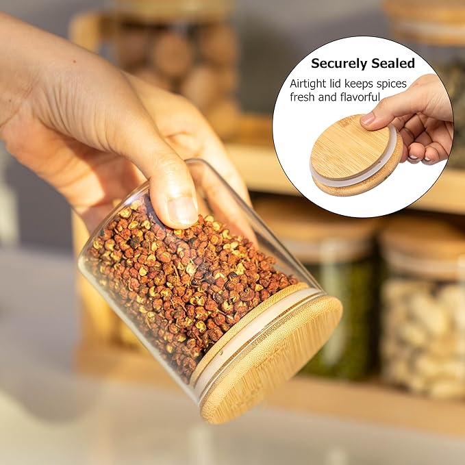 Basicwise Versatile 2-Tier Bamboo Spice Rack and Pantry Organizer with 6 Glass Jars – Perfect for Countertop Storage in Kitchens to Keep Seasoning Containers Neatly Displayed and Easily Accessible
