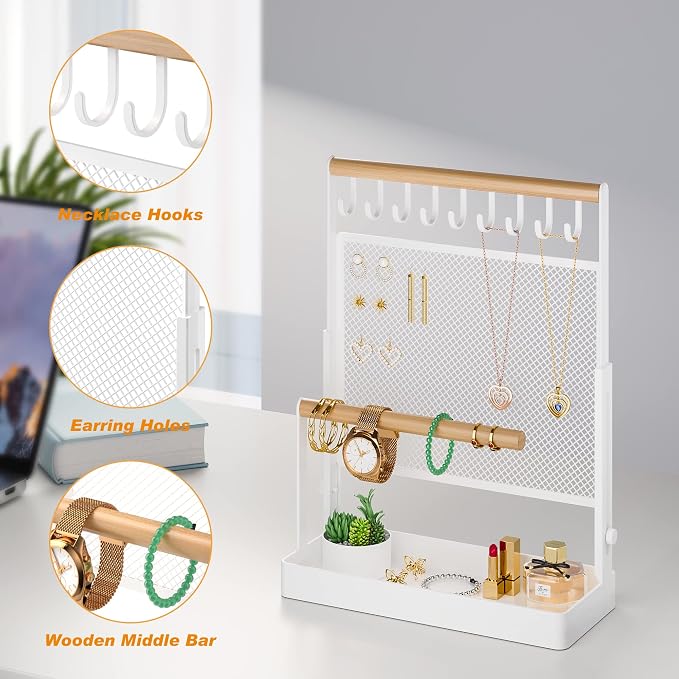Jewelry Organizer Stand, Liftable Necklace Holder with Earring Organizer Net, 9 Hooks Necklaces Storage Wooden Handing Bar for Bracelets Watches Rings (White)