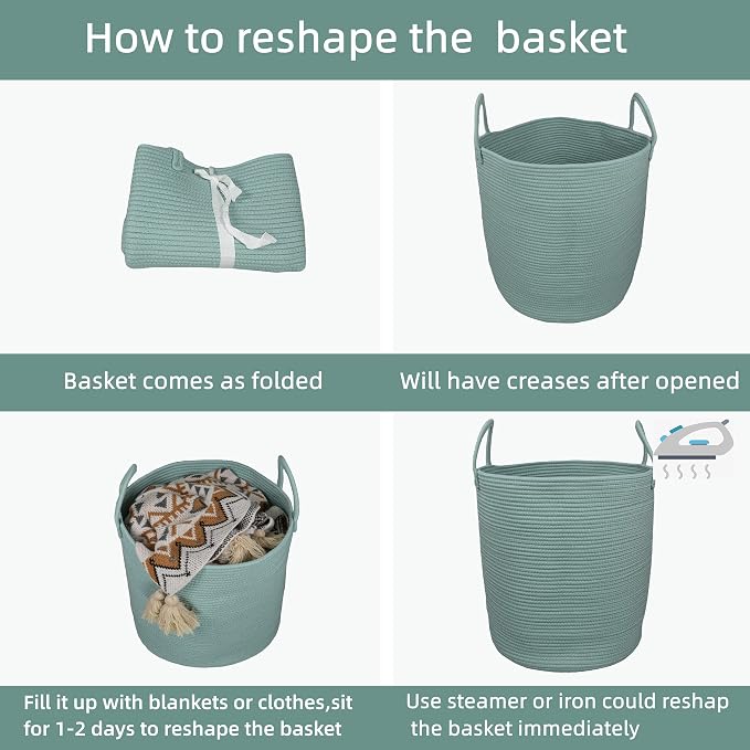 XUANGUO Cotton Rope Laundry Basket Hamper for Clothes Woven Storage Basket for Living Room Bedroom Boho Tall Rope Baskets for Blanket Toys Pillow Towels Baby Nursery Hamper Bin Large light green