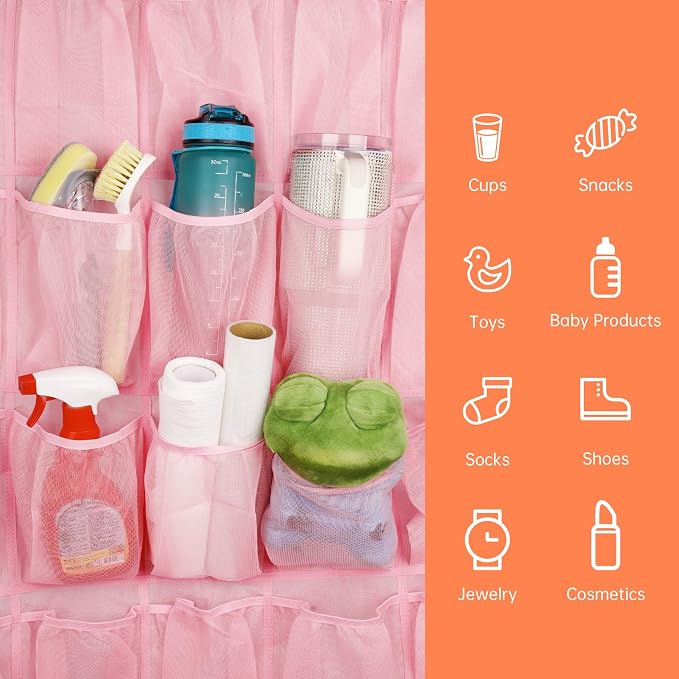 NiHome 35 Pockets Door Hanging Cup Organizer Fit for Stanley Tumblers, Pink | Large Capacity Over the Door Water Bottle Organizer in Kitchen, Pantry, Classroom, Elastic Mesh Secure Storage Cup Holder