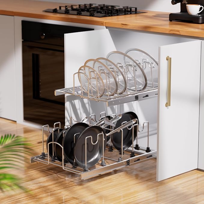 2-Tier Pots and Pans Organizer Under Cabinet Kitchen 12" W *22" D | Pull out Cabinet Organizer for Pots, Pans, and Lid Cookware, Adjustable Heavy Duty Wire Pan and Pot Rack, Full-Extension Rail