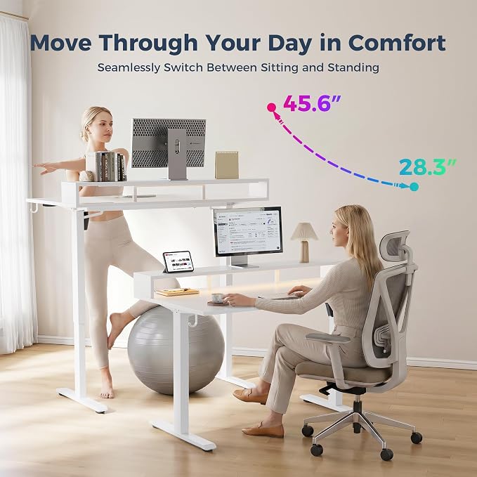 Klicelor Electric Standing Desk with Shelf, 55 Inch Height Adjustable Desk with Power Outlets & LED, Sit Stand Up Table with Monitor Stand, Computer Workstation for Home Office, White