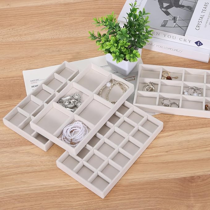 24 Pack Stackable Jewelry Organizer Trays, 4 Size Velvet Tray for Drawer | beige flocked lining, protects rings necklaces, grid compartments, different sizes, fits countertop display, gift