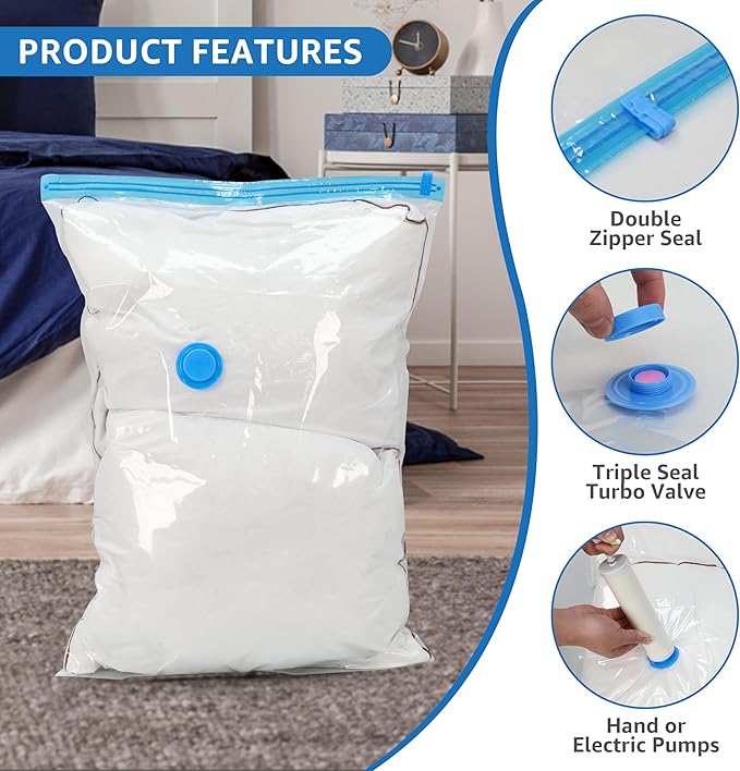 30 Pack Compression Storage Bags, Vacuum Storage Bags, Space Saver Bags for Comforters, Blankets, Pillows and Clothes Storage, Hand Pump Included (5 Jumbo/5 L/5 M/5 S/5 Roll M/5 Roll S)