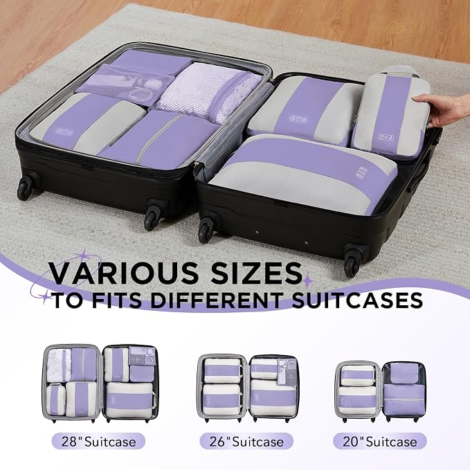 OlarHike 8 Set Compression Packing Cubes for Travel Essentials,Compressible Expandable Space Saver Bags for Organizing Clothes,Luggage Suitcase Garment Bags with Over 1000 pcs Mesh Holes(Purple Gray)