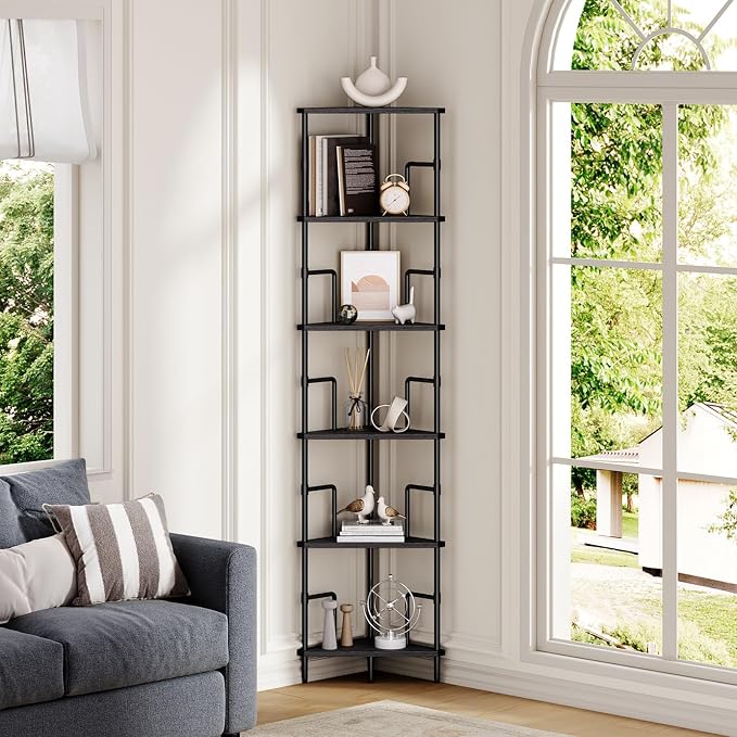 MAHANCRIS 6-Tier Corner Shelf, 65" Tall Corner Bookshelf with Metal Frame, Narrow Display Shelf Stand, Industrial Corner Bookcase for Living Room, Bedroom, Home Office, Black CSBK6601