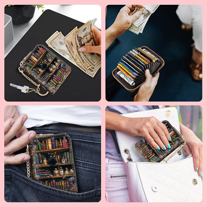 Blusabaca RFID Credit Card Holder Small Women Travel Wallet, Bookshelf Cat | Removable Keychain, Case with Zipper, Vegan PU Leather, Cash Coin Pocket, Business Accordion Purse, Ladies Female Gift