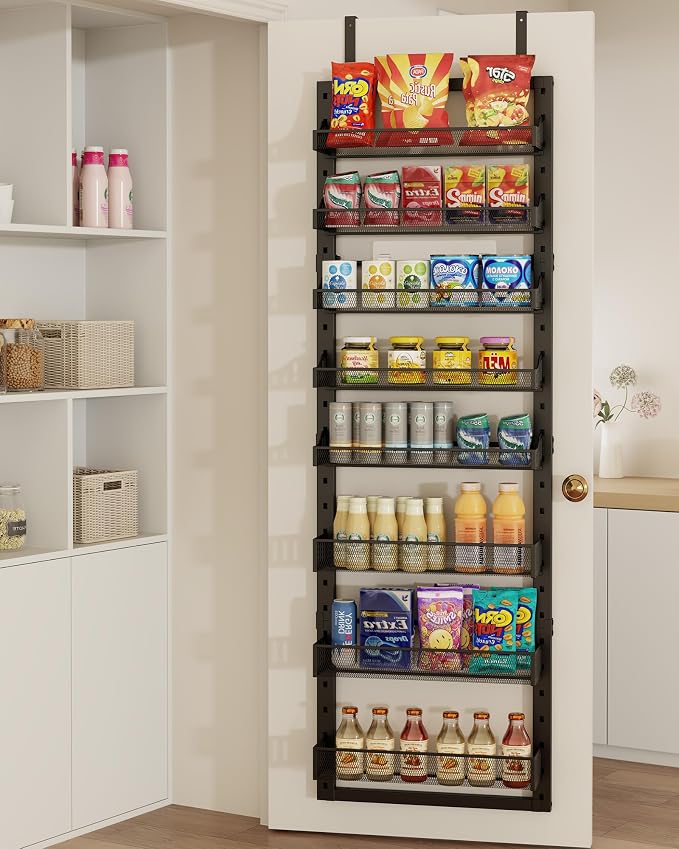 8 Tier Pantry Door Organizer, 2 IN 1 Over the Door Pantry Organizer with Metal Adjustable Baskets,Spice Rack Wall Mount or Door Organizer, Door Spice Rack for Pantry