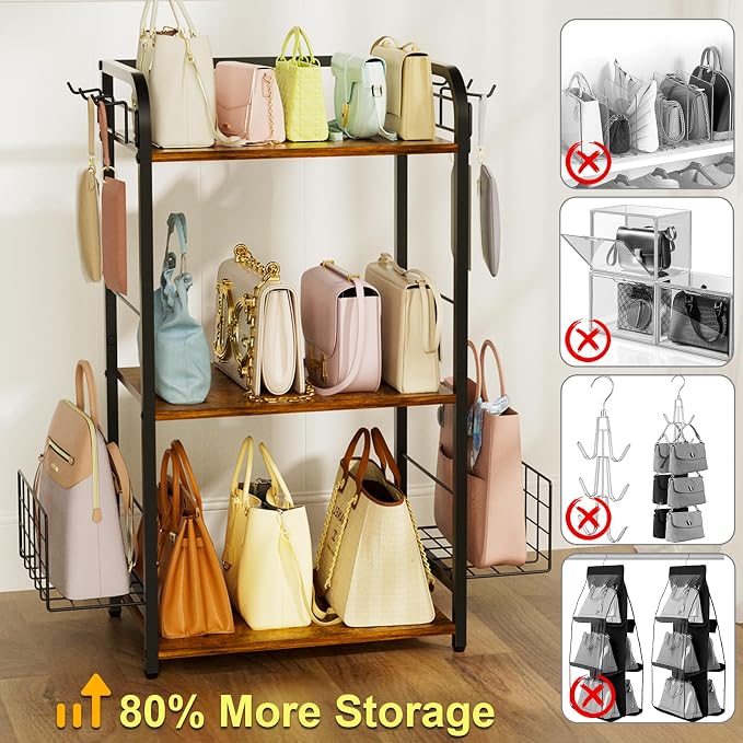 Iron & Wood Floor-Standing 3-Tier Purse Rack with Adjustable Feet, High-Capacity Bag Organizer for Closet, Patent Pending
