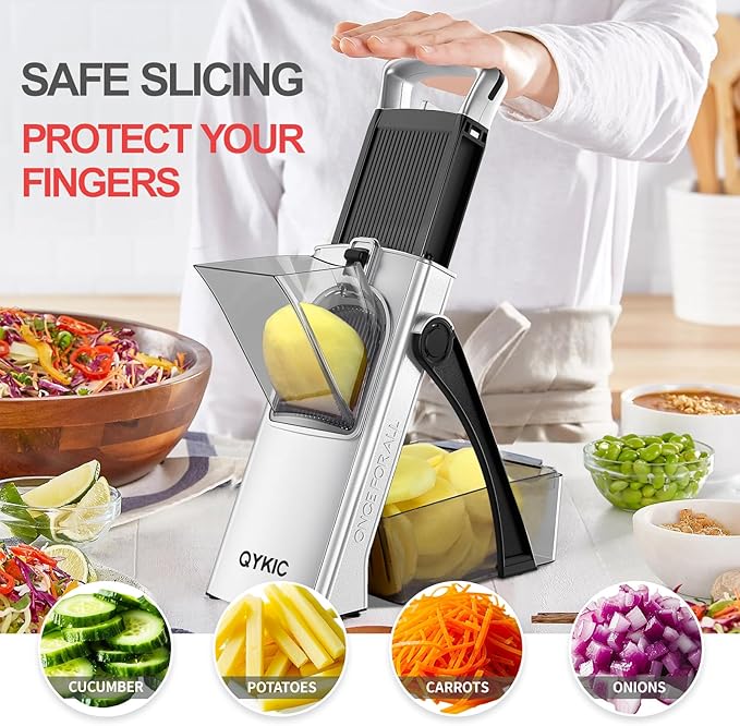 QYKIC Upgrade Safe Mandoline Slicer for Kitchen, Vegetable Chopper and Slicer, Potato Slicer Thickness Adjuster, French Fry Cutter, Veggie Onion Dicer Faster Kitchen Mandolin for Meal Prep