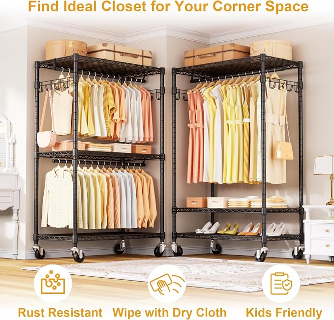 ULIFHOME P1 Rolling Clothes Rack, Portable Wardrobe Closet with Wheels, Heavy-Duty Closet Clothing Rack for Hanging Clothes, 35.5" W x 15.7" D x 80.5" H, Hold 500lbs, Black