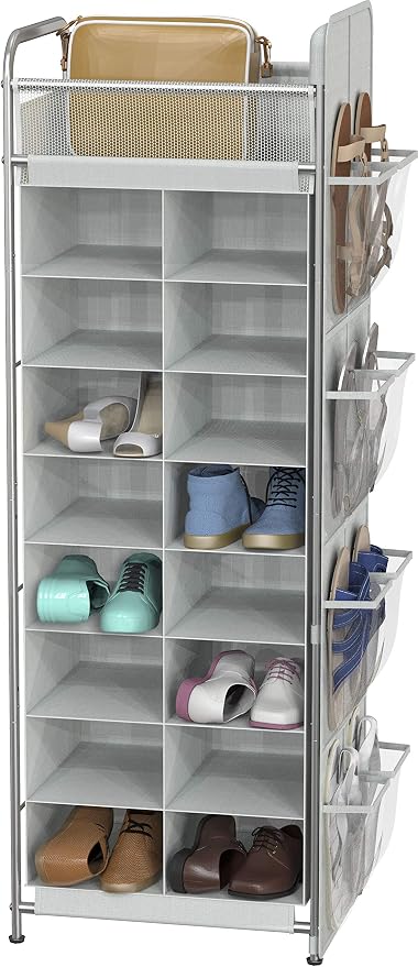 Simple Houseware 16 Cube Shoe Stand Tower Rack 8 Tier, Gray | Top Shelf and Side Hanging Pockets