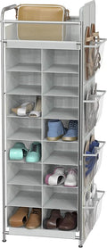 Simple Houseware 16 Cube Shoe Stand Tower Rack 8 Tier, Gray | Top Shelf and Side Hanging Pockets
