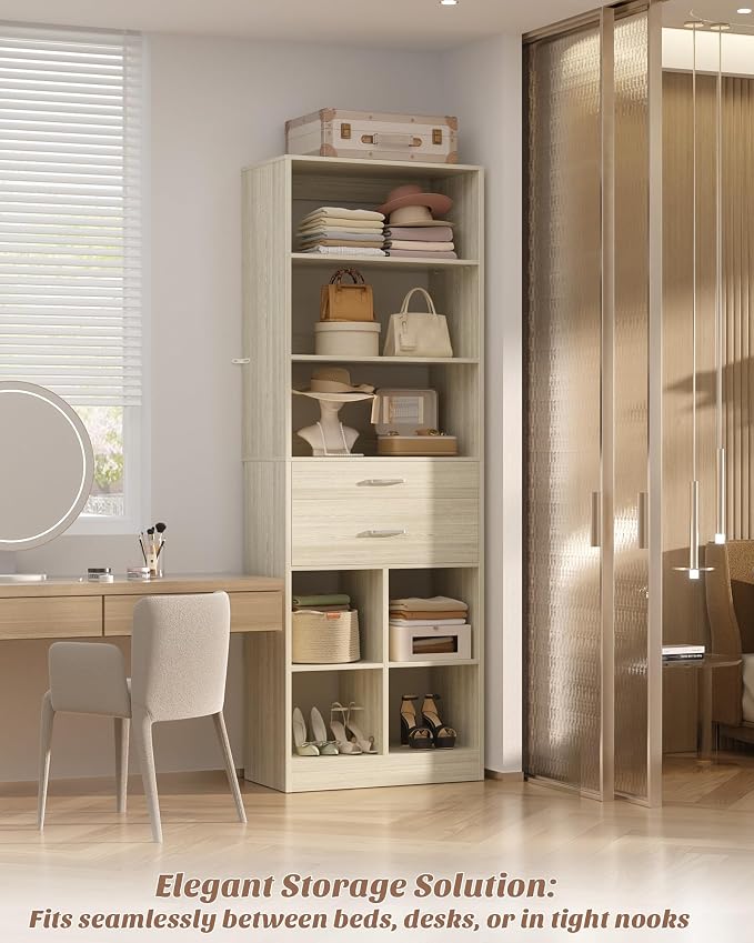 Besiost 22" Closet System with Drawers, Small Closet Organizer for Walk in Closet, Bedroom & Nursery, Wardrobe Storage Unit with Storage and Shelves, Enclosed Storage Volume 2.58 ft³, Greige Oak