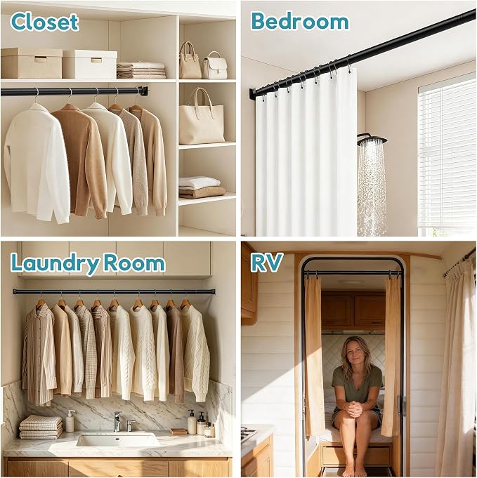 STARLATTA Heavy Duty Black Closet Rod: 17-69 Inch Stepless Adjustable Clothes Hanging Bar, 1.3" Diameter Metal Wardrobe Pole with Brackets, No-Cut, for Laundry & RV