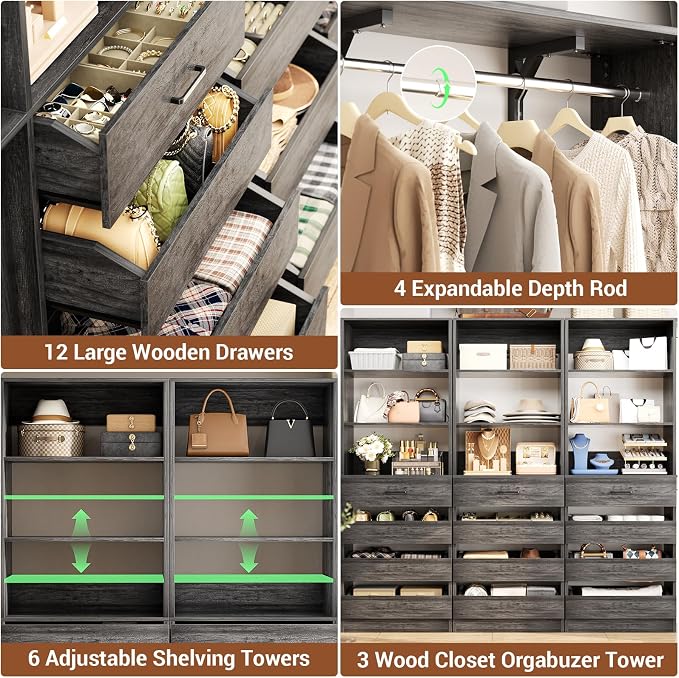 Aheaplus Closet System Set of 3, 138.5" Wood Closet Organizer System Tower with 12 Drawers & 4 Hanging Rods, 6.7+4.85Ft L Shaped Walk-in Closets Wardrobe Organizer Garment Rack with Shelf, Black Oak3