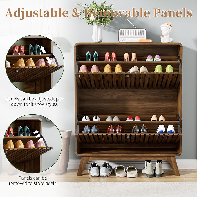 Jluomei Fluted Narrow Shoe Cabinet for Entryway, Slim Wood Shoe Storage Cabinet with Flip Drawers, Bamboo Thin Shoe Rack Organizer for Entry Way, Hallway, Hidden, Walnut