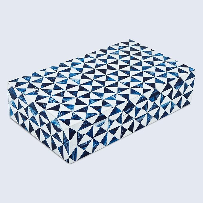 Handicrafts Home Blue and White Decorative Storage Box with Lid– Rectangular Coffee Table Storage Box, Handmade Resin Inlay Wooden Box, Remote Holder, Desk Organizer, Decorative Keepsake Box-10x6x2.5"