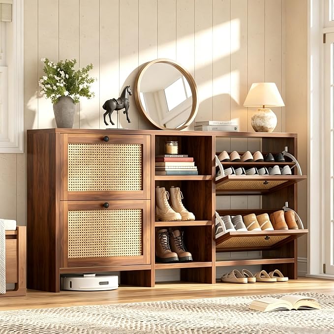 knoworld 63" Wood Rattan Shoe Storage Cabinet for Entryway, Walnut | Slim Hidden Shoe Cabinet, Narrow Shoe Organizer Cabinet with 4 Flip Drawers, 3-Tier Shelves for Hallway Foye Entrance