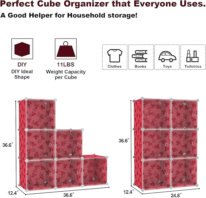 C&AHOME Cube Storage Organizer with Doors, 6-Cube Shelves, DIY Plastic Modular Bookshelf, Closet Clothes Storage Shelving Ideal for Bedroom, Living Room, Clover Embossed, Red