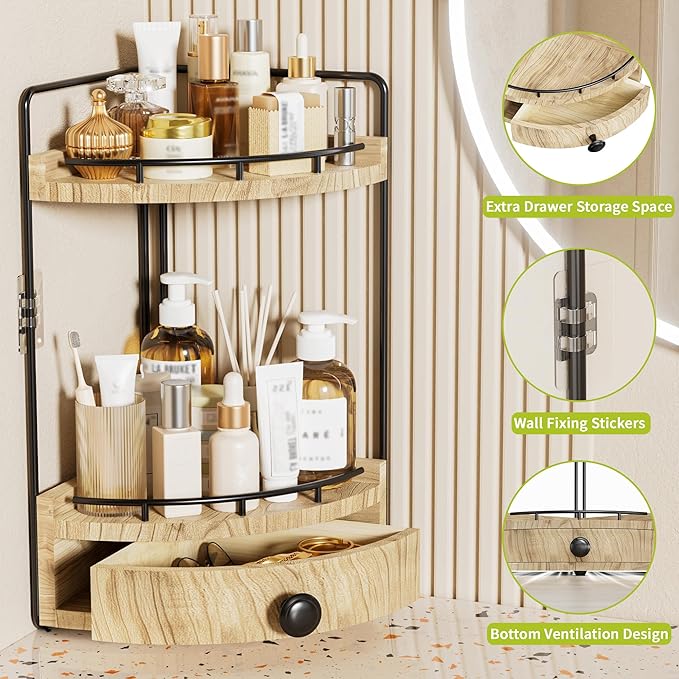 2-Tier Corner Bathroom Counter Organizer with Drawer, Wood color | Embedded Screw Holes, Wooden Countertop Organizers, Space-Saving, Bottom Ventilation Design, Counter Shelf for Vanity