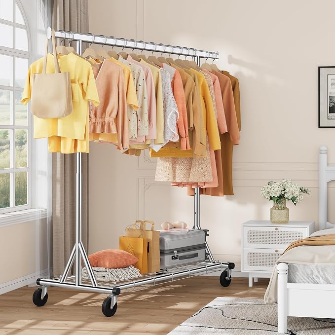 Gewudraw Clothes Rack Heavy Duty 630 LBS Capacity-Rolling Clothing Rack | Clothing Rack with Wheels,Shelf, Collapsible/Adjustable Height/Extendable, Portable Garment Rack For Wardrobe, Bedroom,Chrome
